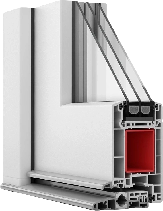 Querschnitt eines weißen Fensterprofils mit integrierter Wärmedämmung.
