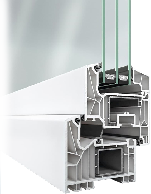 Detailaufnahme eines Aluminium-Fensterprofils mit Mehrkammer- und Dichtungssystem.